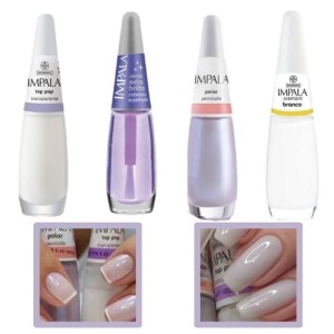 KIT UNHA FRANCESINHA ESMALTE IMPALA BRANCO CREMOSO TOP POP POLAR VERNIZ EXTRA BRANCO POLAR